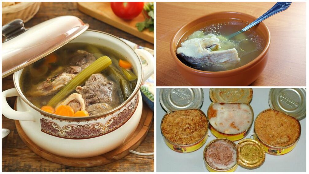 Forbidden food for gout - rich meat and fish soups, canned food