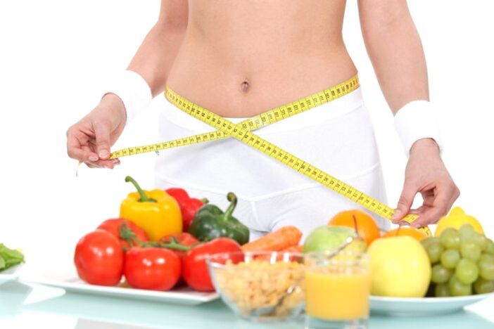 a girl measures her waist on the background of groceries